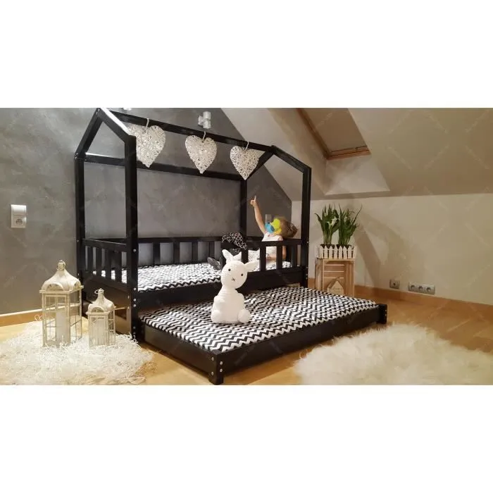 Lit Cabane - Oliveo - 160x70cm - Bois - Noir - Avec tiroir-1