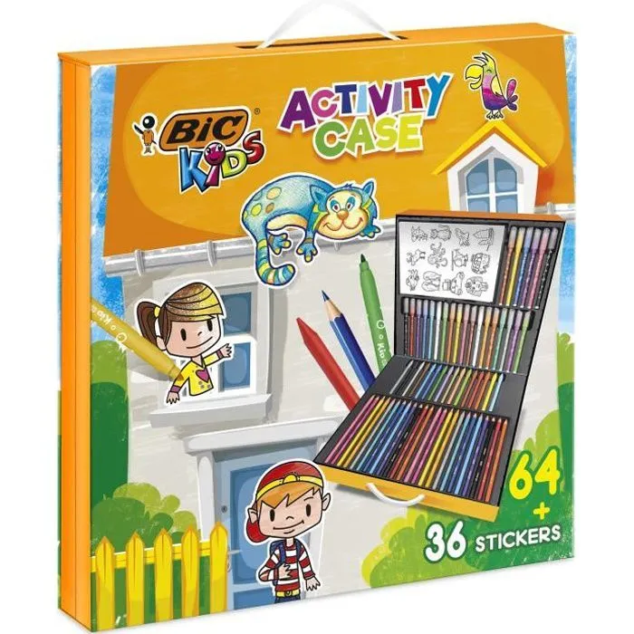 BIC Kids Mallette de Coloriage - 24 Crayons de Couleurs/24 Feutres/16 Craies et 36 Stickers à Colorier-0