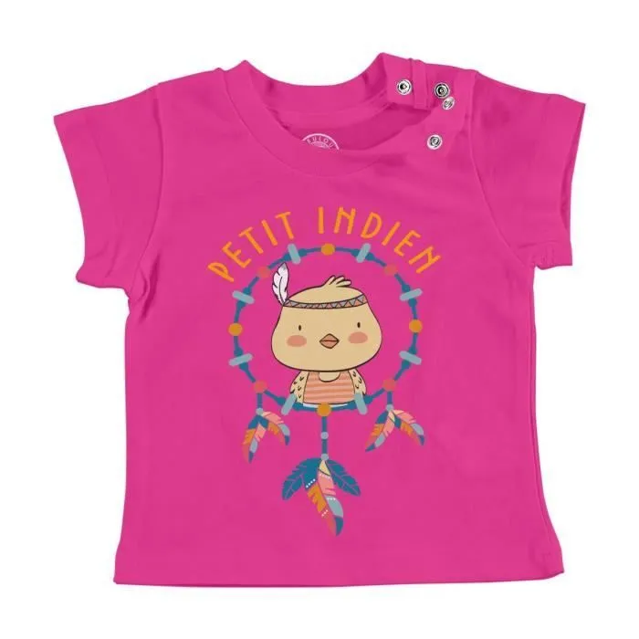 T-shirt Bébé Manche Courte Rose Poussin le Petit Indien Dessin Illustration-0