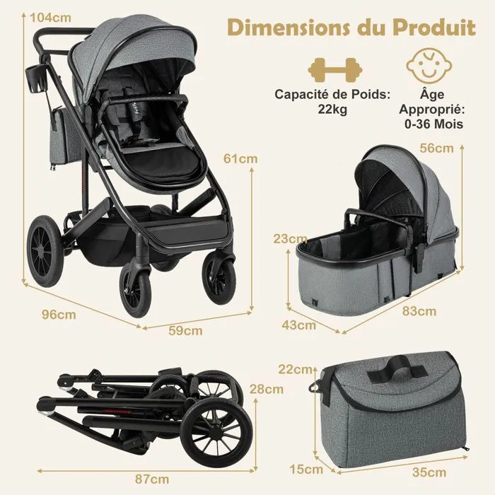 COSTWAY Poussette Canne Pliable Bébé avec le Détachable, Canopée Réglable, Panier de Rangement et Porte-gobelet, 0-36 mois Gris-3