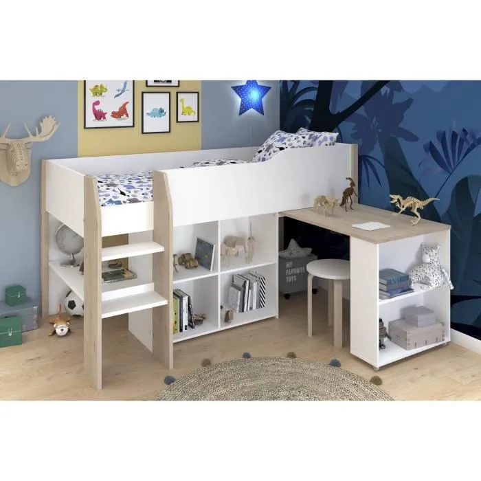 Lit combiné enfant avec bureau rétractable - PARISOT - LIAM - Blanc et chêne - Sommier inclus - 90x200 cm-3