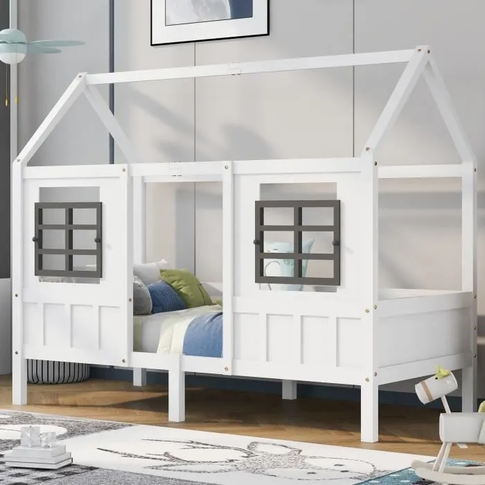 Lit cabane enfant 200x90cm, lit simple, lit enfant avec 2 fenêtres, cadre en pin, MDF, blanc-0