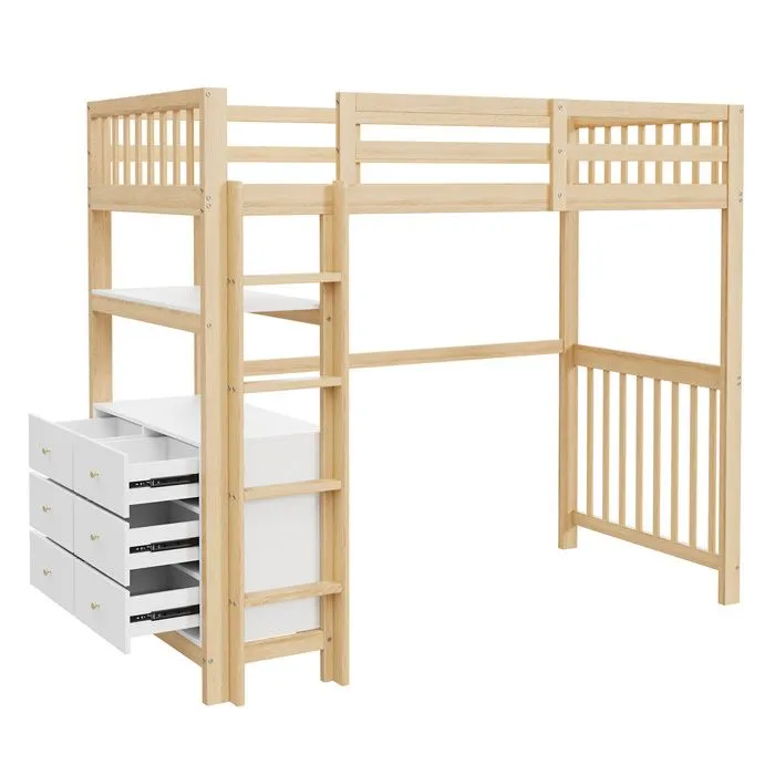 Lit mezzanine - Gutent - 90x200cm - Échelle de sécurité - Tiroirs intégrés - Bois + blanc-3