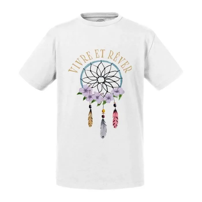 T-shirt Enfant Blanc Vivre et Rêver Bohémien Chic Hippie Culture-0