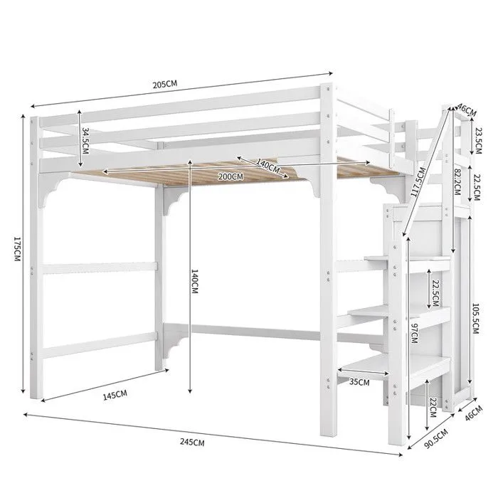 MODERNLUXE Lit mezzanine 140x200cm avec marches, penderie, rangements, blanc-3