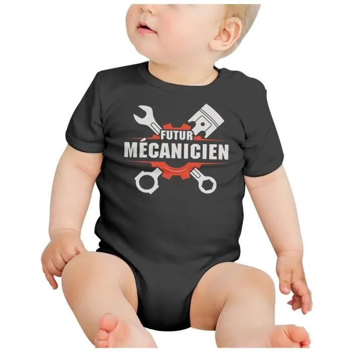 Body Bébé Manche Courte Noir Futur Mécanicien Métier Automobile Manuel-1