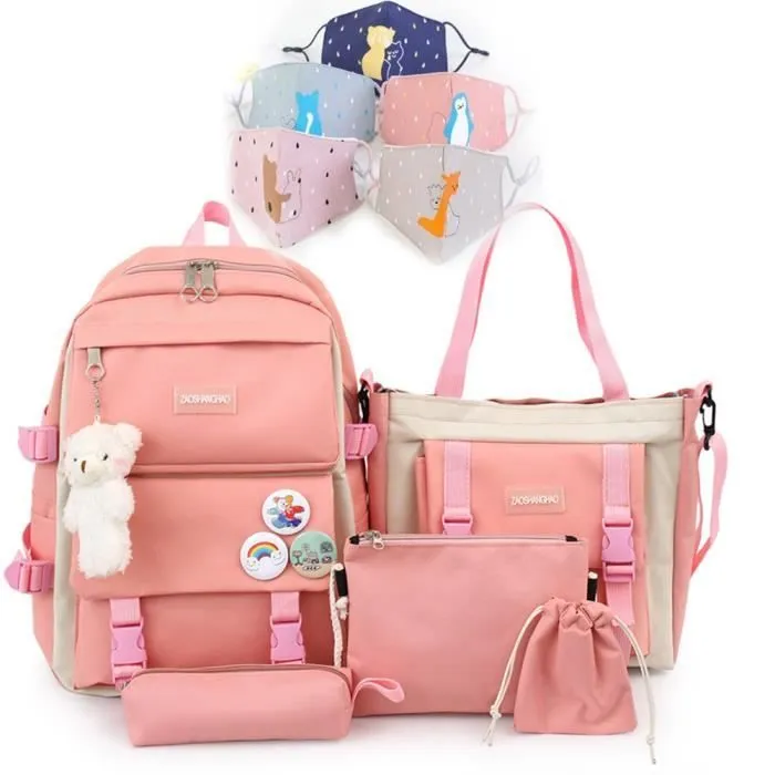 Lot de sacs à dos - RNGCPTO - Kawaii - 5 pièces - Rose - Pour filles - Collège-0