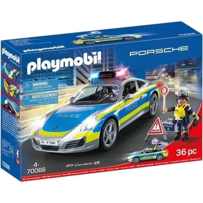 PLAYMOBIL 70066 Porsche 911 Carrera 4S Police, 2 policiers et accessoires, Effets sonores et lumineux, Dès 4 ans-0