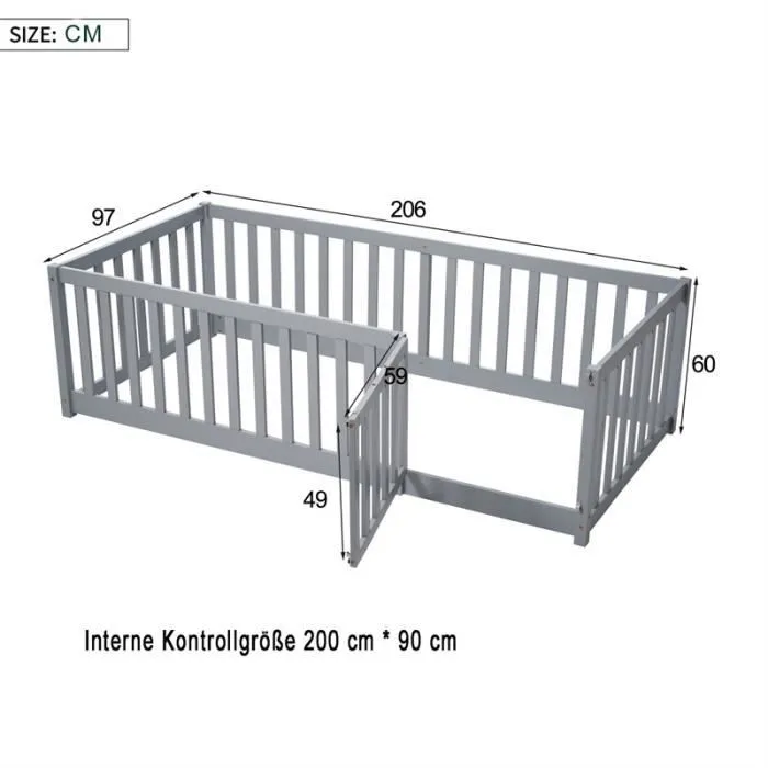 Lit évolutif bébé Lit d'enfant 90 x 200, fond en bois Cadre de lit avec barrière et porte, Gris-3