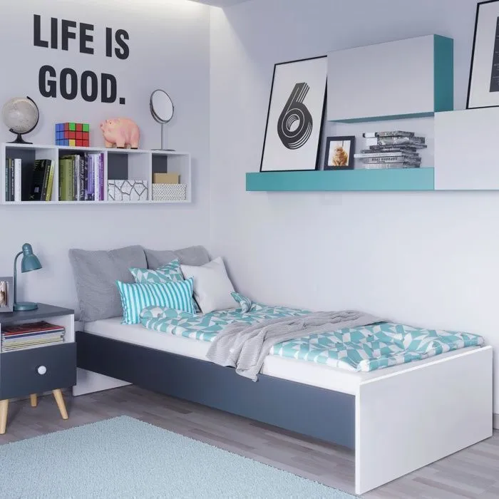 Lit enfant KARO 90x190 cm + sommier, BLANC/GRIS-1
