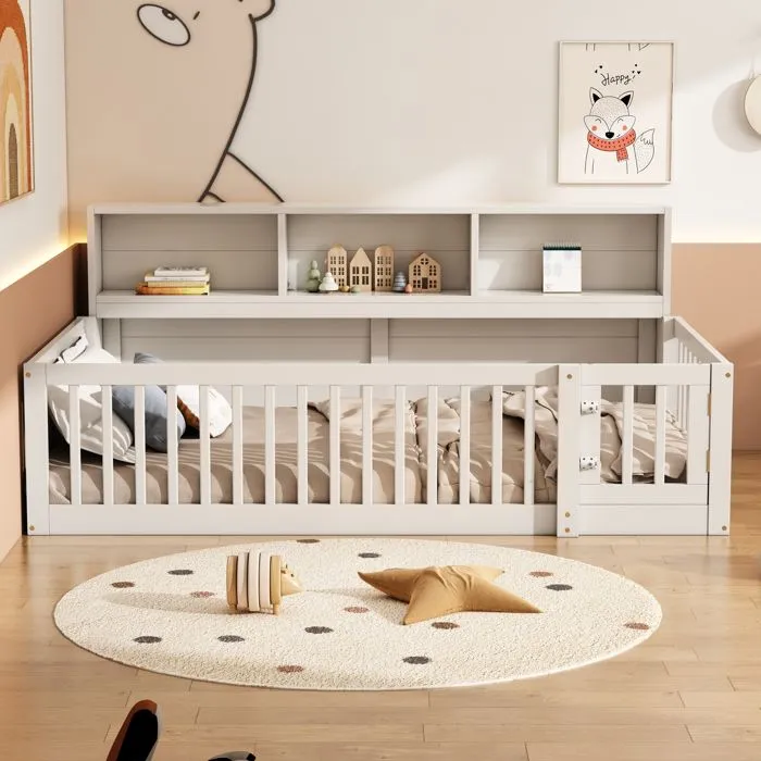 Lit enfant - Blanc - 90x200cm - Avec rangement - Sommier à lattes - Sécurisé-0