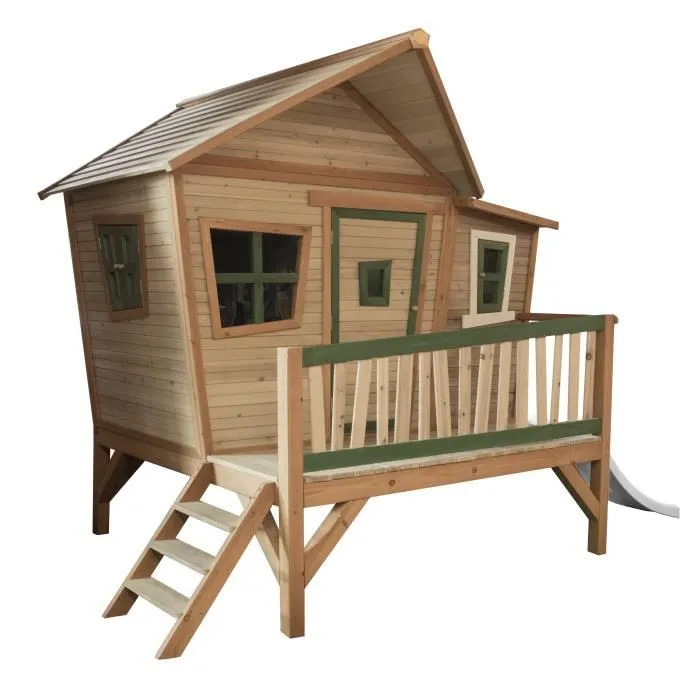 Maisonnette pour enfants avec toboggan AXI Emma en bois blanc, marron et vert-1