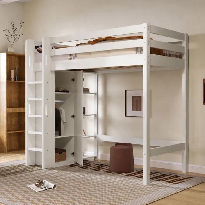Lit mezzanine 90x200cm avec armoire, étagères, barrières anti-chutes et échelle, cadre en pin, blanc-0