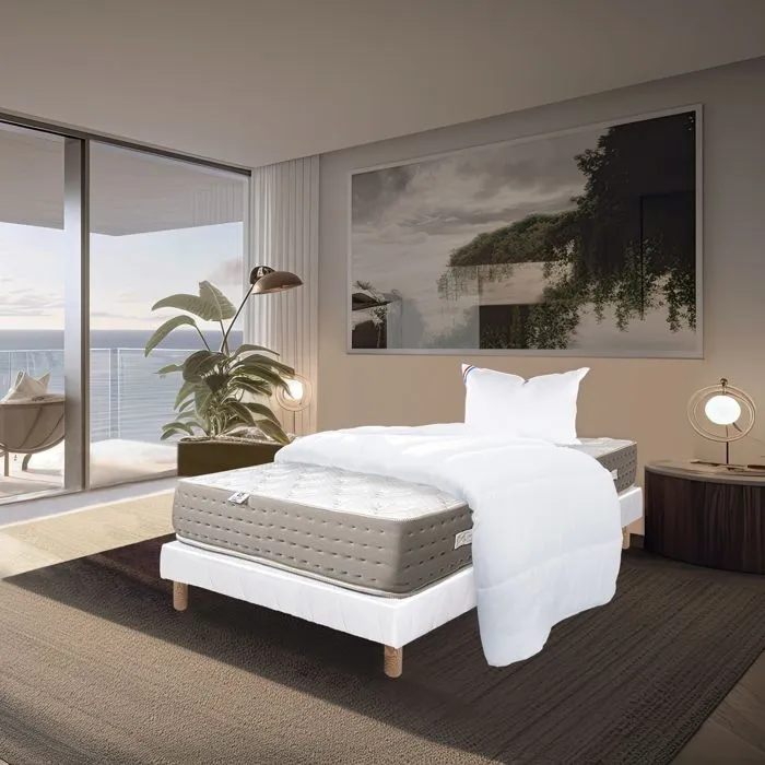 Ensemble matelas Dreamlux, 26 cm ressorts ensachés mémoire de forme ferme réversible+sommier blanc ep 13cm + oreiller + couette-0