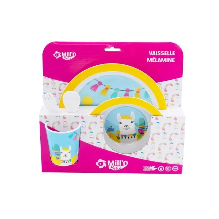 Mill'O Bébé - Coffret 5 pièces Lama jaune (Assiette + bol + gobelet + 2 couverts)-0