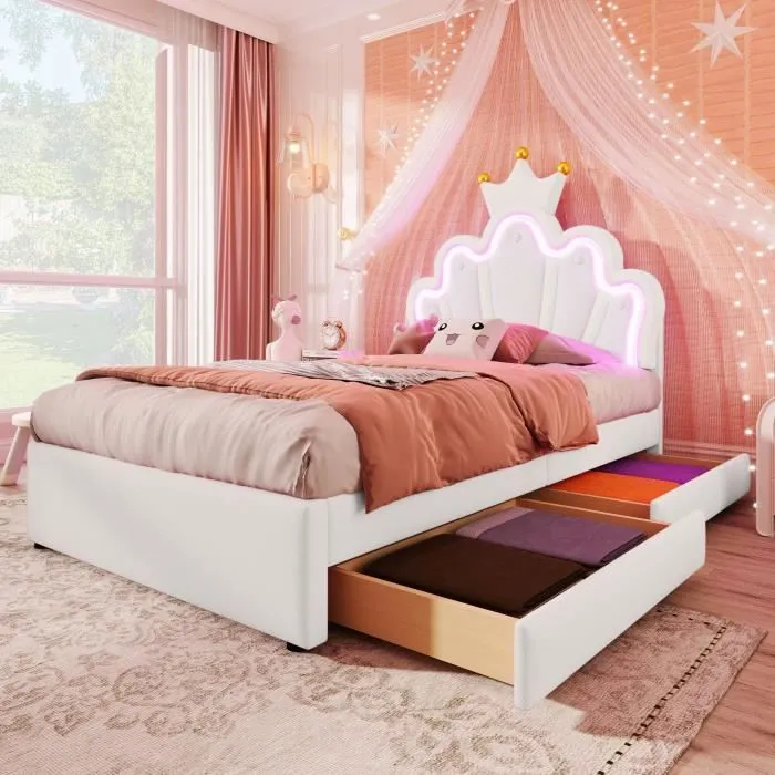 Lit enfant - Princesse - 90x200cm - 2 tiroirs - Tête de lit LED réglable - Cuir PU blanc-0