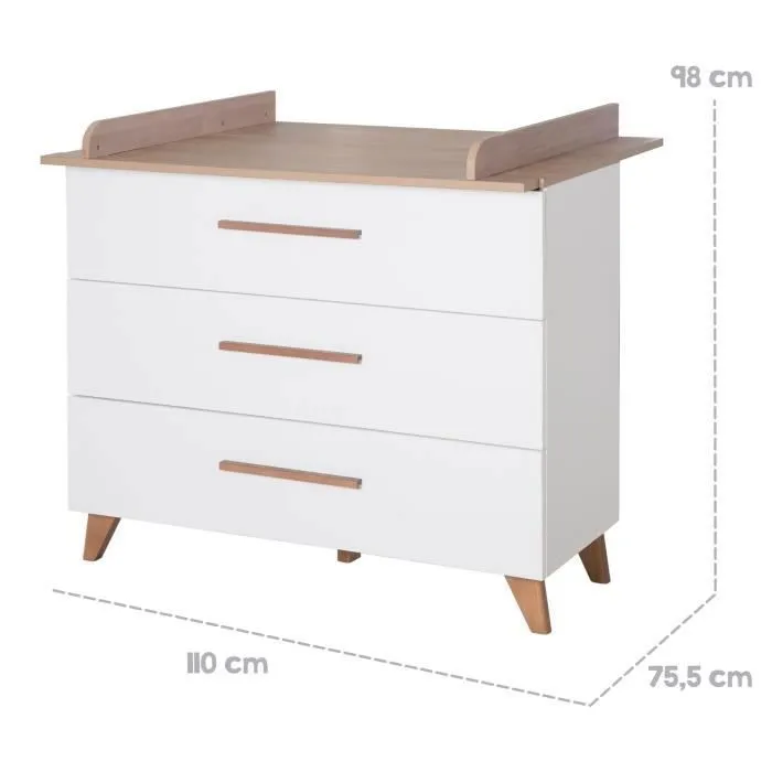 Chambre Bébé Complète ROBA - Ole - Lit Évolutif 70x140 cm + Commode à Langer + Armoire 3 Portes - Blanc - Chêne Foncé-2
