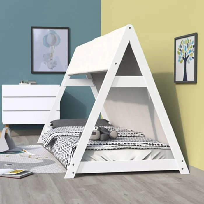 Lit cabane Tipi 70x140 cm avec sommier et toile - Blanc-2