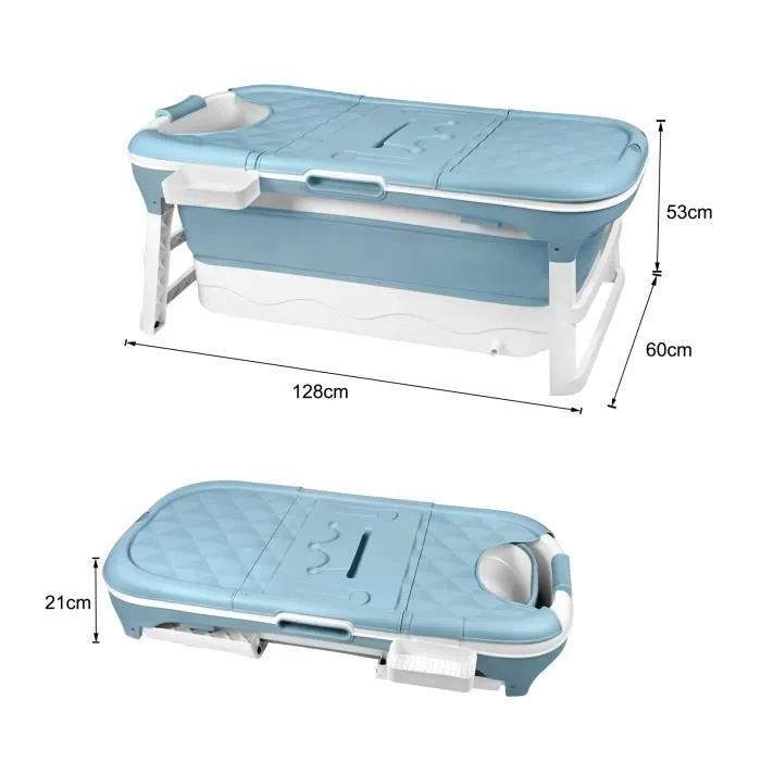 LZQ Baignoire pliable adulte, couvercle amovible, accoudoirs, panier à savon, PP+TPE, 128x62x52cm, bleue, pour salle de bain et SPA-1