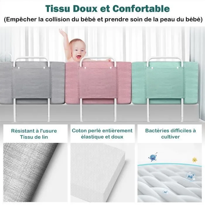 LZQ Barrière de lit Bébé Barrière Protection Lit Enfant, Protection contre les chutes, Hauteur réglable, 60 cm Gris-2