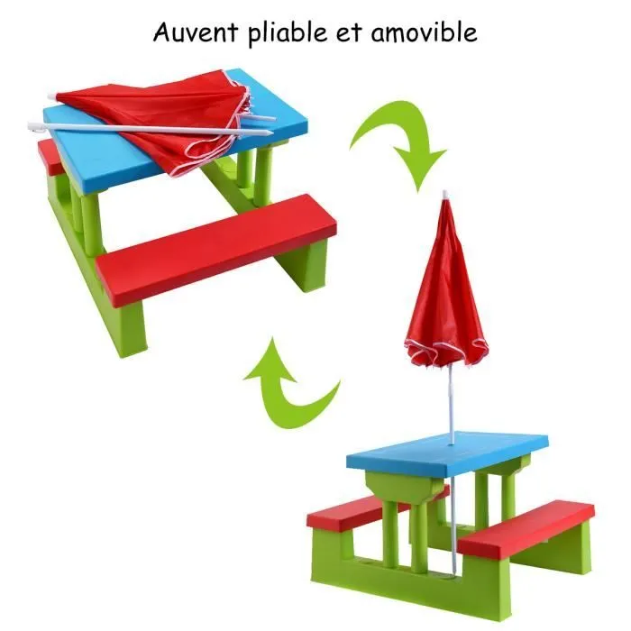 COSTWAY Salon de Jardin pour Enfant Table et 2 Bancs avec Parasol pour Pique-nique Jusqu'à 4 Enfants Vert+Rouge+Bleu-1