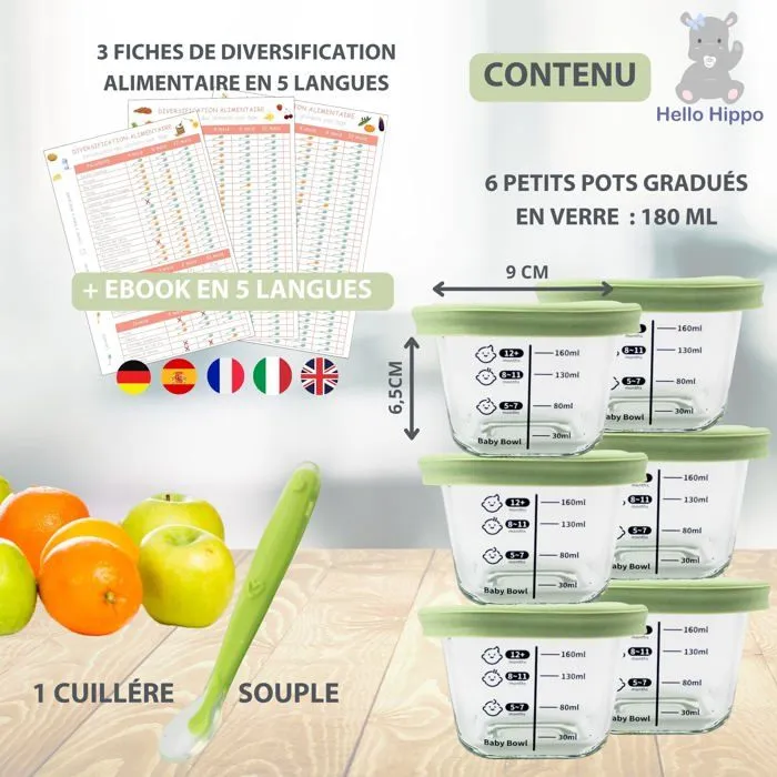 HELLO HIPPO® Lots de 6 Petit Pots en verre Bébé 180ml - Idéaux pour Compotes, Purées et Fruits, Hermétiques et Pratiques-1