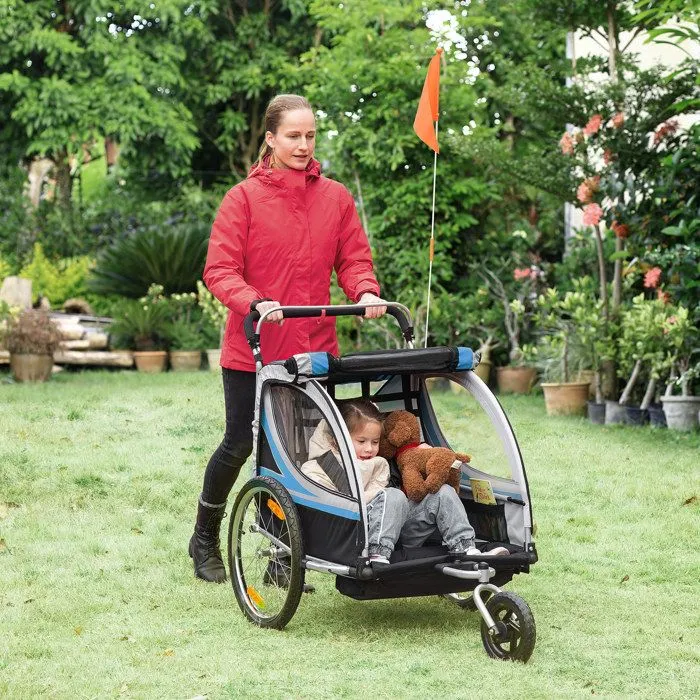 HOMCOM Remorque vélo pour Enfant 2 en 1 Convertible Jogger Poussette capacité 26,4 kg avec réflecteurs et Drapeau - 2 Places - Bleu-2