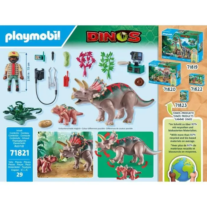 PLAYMOBIL 71821 Tricératops avec bébé et explorateur, Dinos, 29 pièces, Dès 4 ans-4