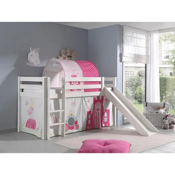 Lit mezzanine avec toboggan - Vipack - PINO - Blanc - Bois massif - 209x217x114cm-1