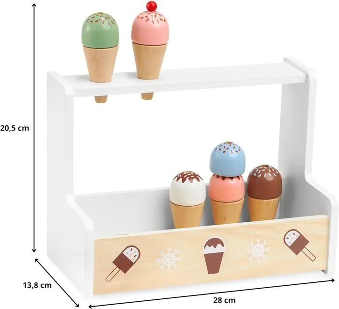 Marchand de Glace Enfant en Bois - Jouet d'immitation Commerçant - Mamabrum- Stand de crème glacée- 6 boules et accessoires- CE-3