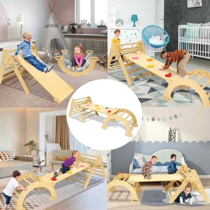 LZQ Triangle d'escalade 3 en 1 & échelle & toboggan pour enfants,Echelle d'escalade Montessori-Toboggan en bois Indoor-3