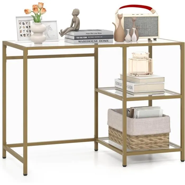 COSTWAY Bureau Transparent à 2 Étagères - 106 x 51 x 76 CM, en Verre Trempé, Cadre en Métal Doré, Style Scandinave Moderne-0