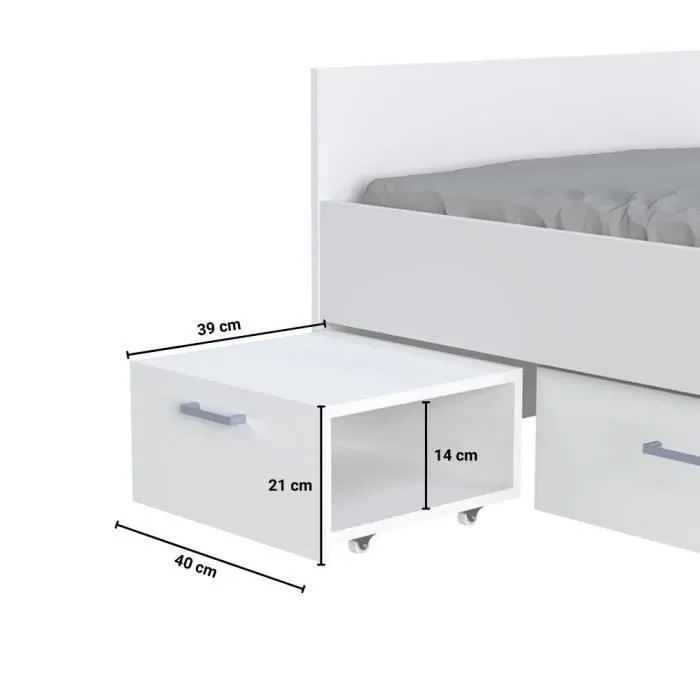 Lit TWIST 140x190 + 2 chevets + 1 tiroir / Blanc 194x144x65 cm-3