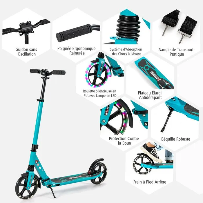 COSTWAY Trottinette Pliable pour Enfants 2 Roues Eclairée avec Barre en T 3 Hauteurs Réglables Plateau Antidérapant 100KG Vert-3