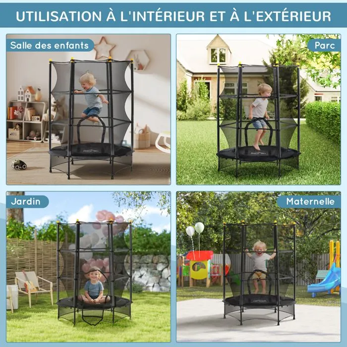 Trampoline Enfant HOMCOM Ø 1,40 × 1,90H m Filet de sécurité Porte zipée Couvre-Ressorts 6 poteaux rembourrés Inclus Noir-5