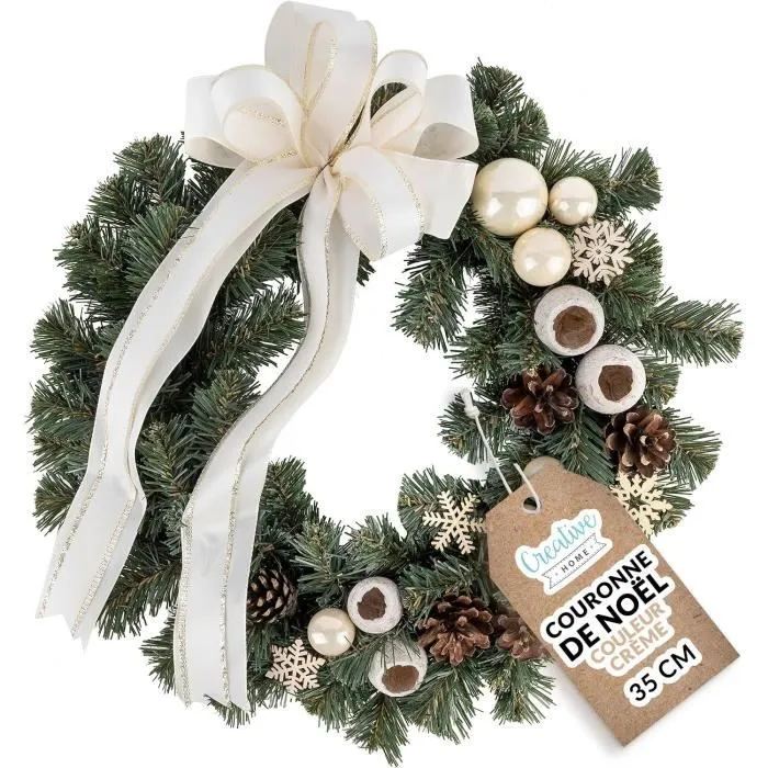 Couronne de Noël Crème - CREATIVE HOME - Diamètre 35 cm - Décoration Extérieure - Vert-0