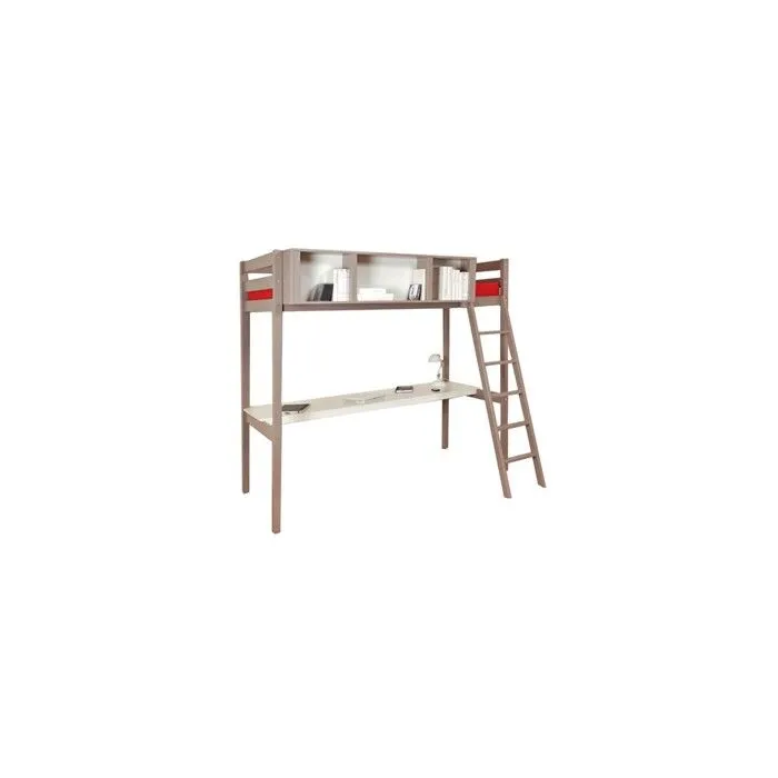 Lit mezzanine adulte LOU 90x190 cm + sommier - Bois massif laqué gris - Bureau et rangement 3 niches-1
