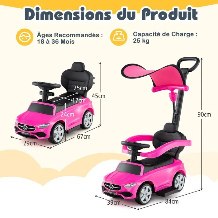 COSTWAY Mercedes Benz 3 en 1 Porteur Enfants avec Canopy Réglable, Barre de Direction, Klaxon, pour 18- 36 Mois, Charge 25kg, Rose-5