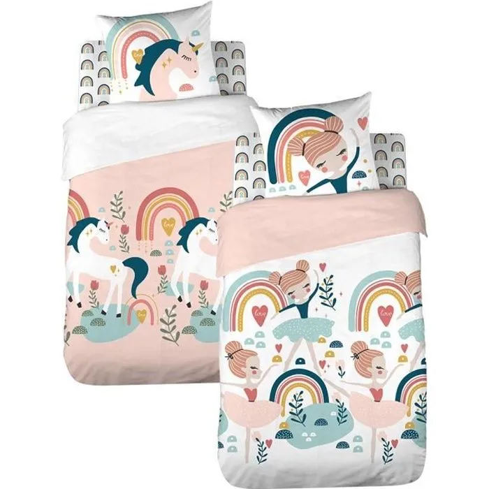 Parure de lit Enfant Réversible Licorne et Danseuse Rose Housse de Couette 140x200cm + 1 taie d'oreiller 63x53cm 100% Coton Bio*-0