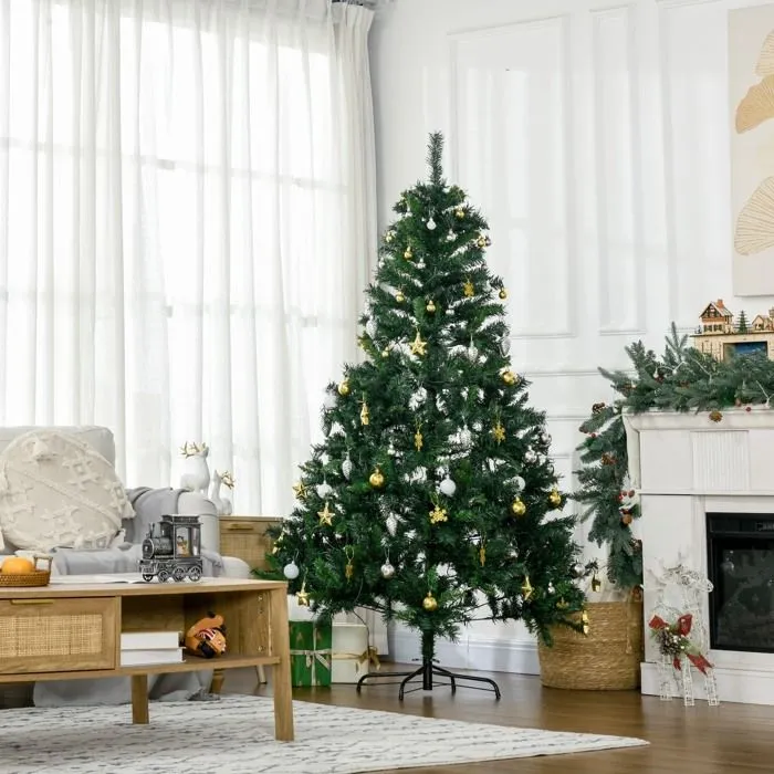 Sapin de Noël artificiel - HOMCOM - 745 branches - lumineux 200 LED blanc chaud - boules décoratives - Ø 112 x 180 cm - vert-2