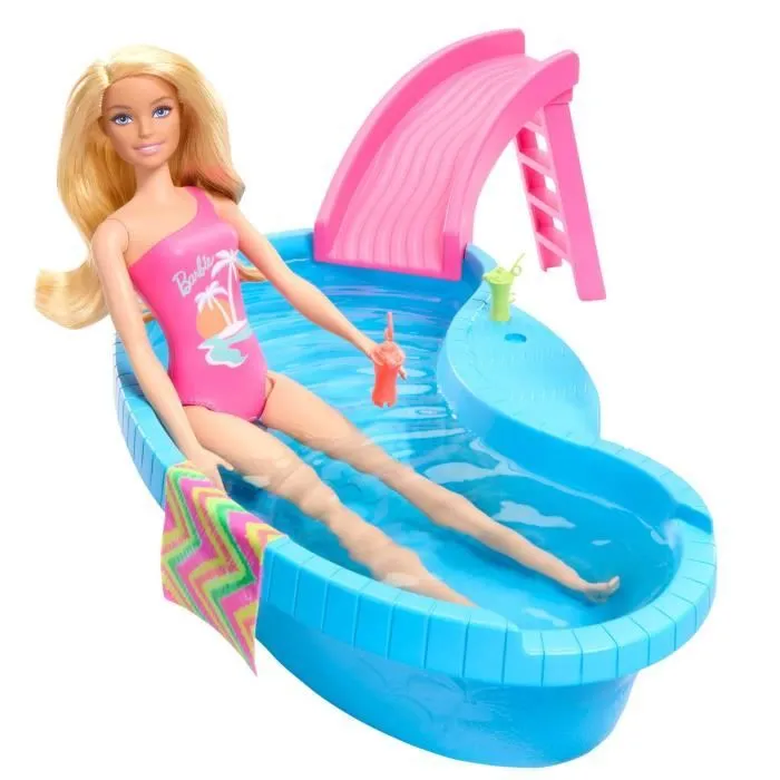 Barbie-Poupée et accessoires-Coffret poupée blonde avec piscine de rêve HRJ74-1