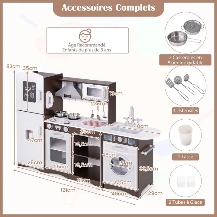 COSTWAY Cuisine d'Angle XXL pour Enfants de 3 Ans+ 8 Accessoires avec Téléphone , Machine à Glaçons, Micro-Ondes, Machine à Laver-1