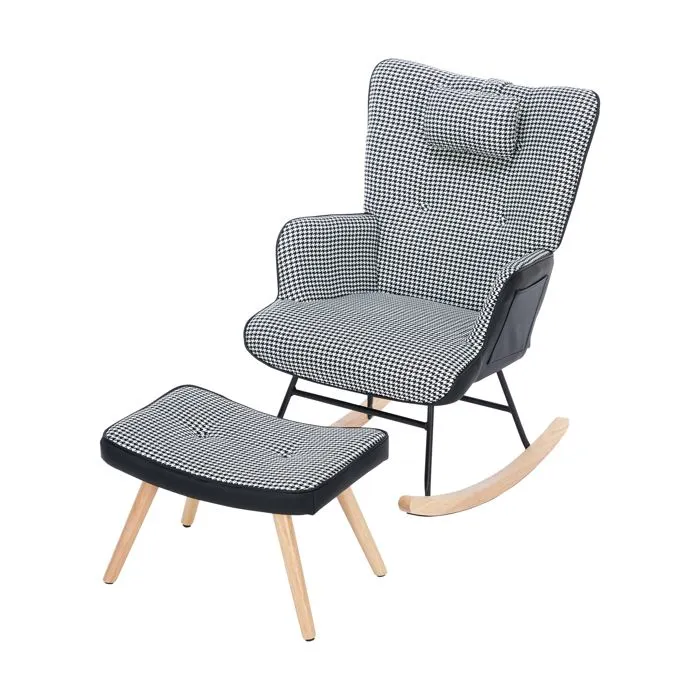 Fauteuil à bascule en tissu avec repose-pieds et repose-tête, noir et blanc-0