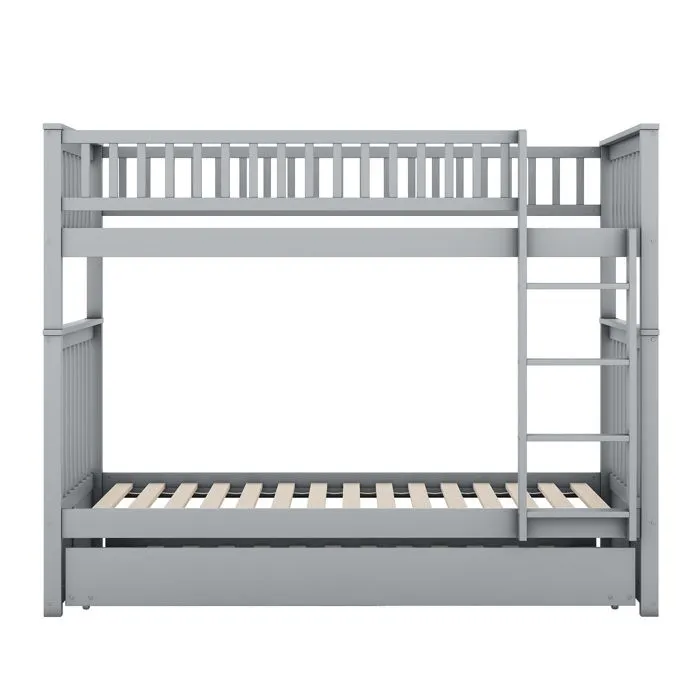Lit superposé - Enfant - 90x200 cm - Bois massif - Gris - Lit gigogne inclus-3