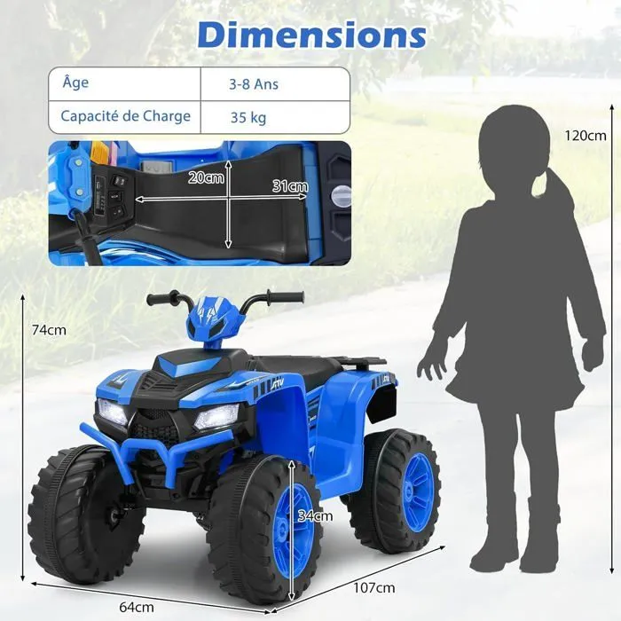 COSTWAY Quad Électrique 24V pour Enfants, avec LED, Musique, Radio, Démarrage en Douceur, pour Différents Terrains, 3 à 8 Ans, Bleu-5