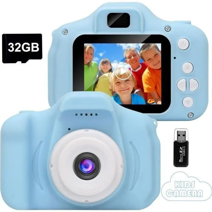 Appareil Photo pour Enfant, avec Carte TF 32 Go, Ecran à 2,0 Pouces HD, 8MP/1080P, Coque en Silicone Résistant aux Chocs, Bleu-0