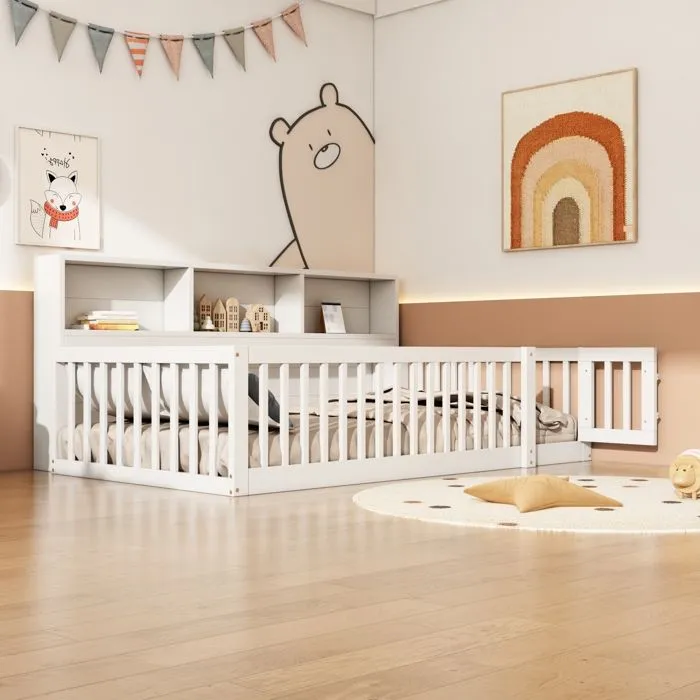 Lit enfant - Blanc - 90x200cm - Avec rangement - Sommier à lattes - Sécurisé-1