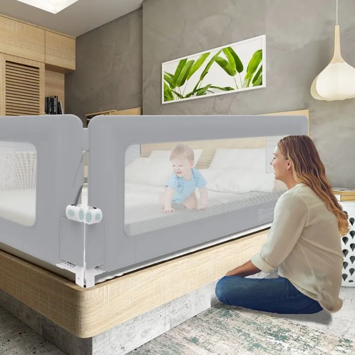 LILIIN Barrière de lit antichute 150 cm Barrière de lit pour enfants Barrière de lit pliable à 180 degrés Bordures (Gris)-3
