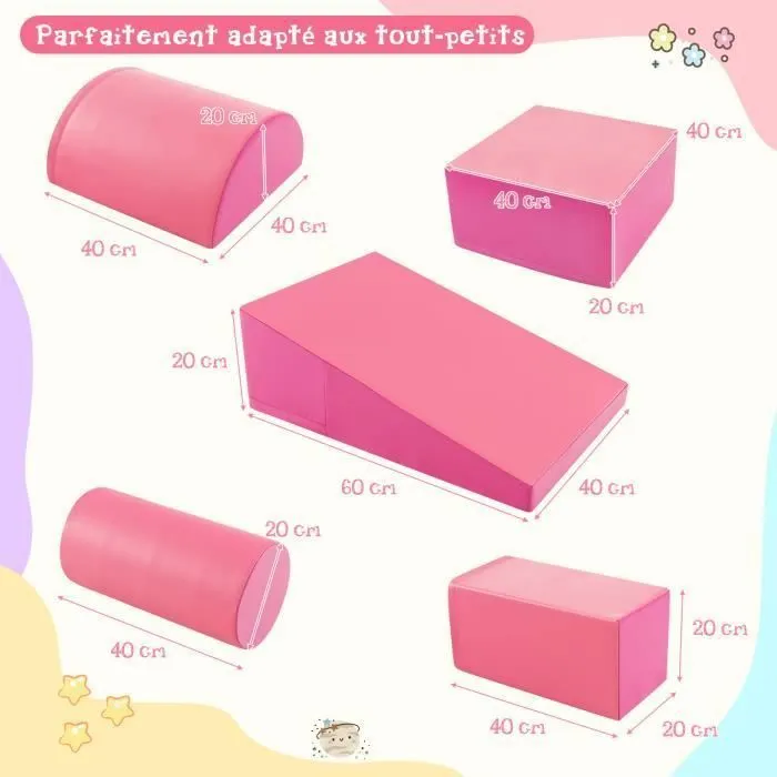 COSTWAY 5PCS Blocs de Construction en Mousse-Housse en PU-Modules de Motricité Enfants-Jouets Éducatifs-9 Mois-Ramper-Rose Rouge-3