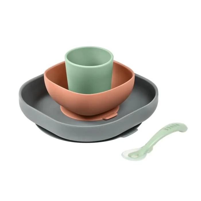 BEABA, Coffret repas bébé, silicone, 4 pièces, mineral-0